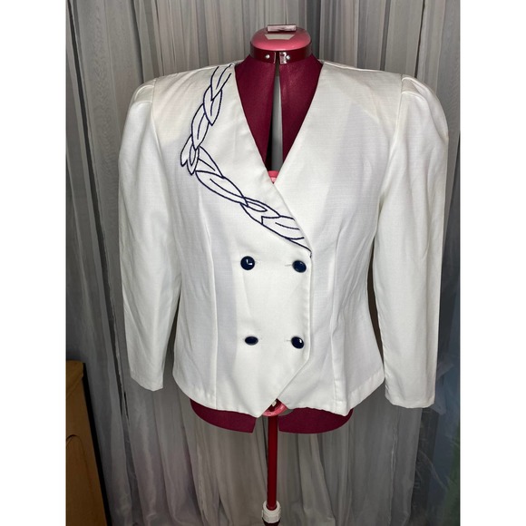 blazer 1980s white embroidered navy lapel - Picture 1 of 12